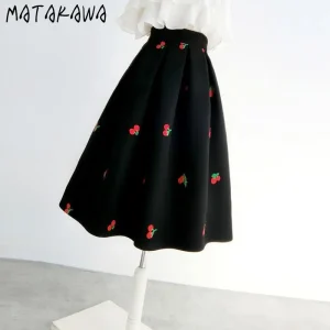 Gonne di lana ricamate Matakawa per le donne a-line autunno inverno elegante Faldas Mujer gonna lunga dolce moda coreana 1