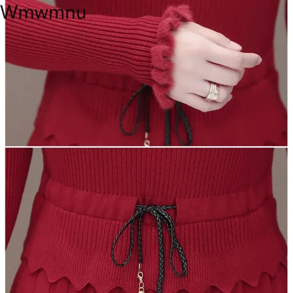Abito maglione midi sottile Abito elegante in maglia a maniche lunghe con volant Abito da donna vintage con patchwork autunnale con coulisse in vita 6