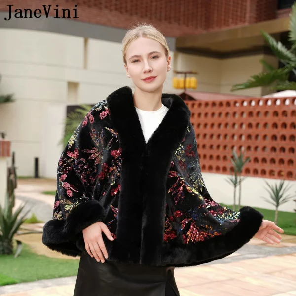 JaneVini Moda Nero Paillettes Scialle da sposa Avvolgente in pelliccia sintetica Bolero Abito da sera Mantello da donna Mantello da sposa Coprispalle Giacca invernale 4