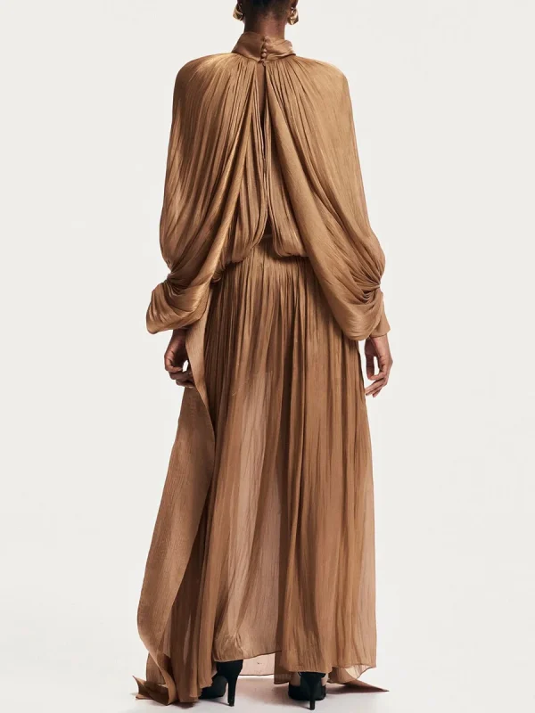 VGH Minimalista Pieghe Impiombate Maxi Abiti per Le Donne Sciarpa Colletto Manica Lanterna Vita Allentata Temperamento Casual Vestito Femminile Nuovo 3
