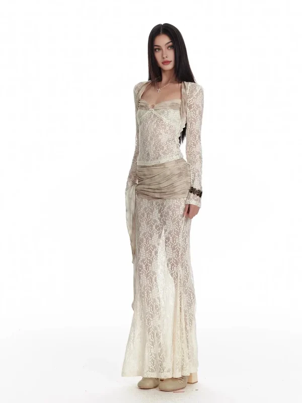 REDDACHiC Donna Coprispalle Top Gonna Set Pizzo floreale Vedere attraverso T-shirt a maniche lunghe Sirena Flowy Maxi Gonna Festival Costumi per feste 2