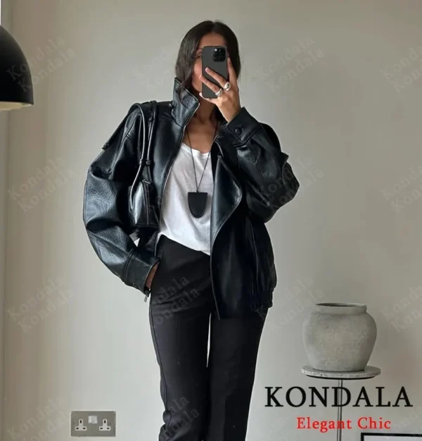 KONDALA Giacca in pelle con cerniera da donna Autunno Inverno Colletto in piedi Giacca in finto PU Cappotto 2025 Giacca Y2K da donna alla moda High Street 5