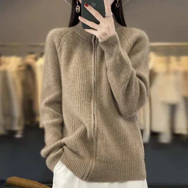 Cardigan con cerniera in pura lana al 100%, spalla imbottita, colletto alla coreana, cappotto lavorato a maglia in cashmere da donna, nuovo maglione con risvolto 6