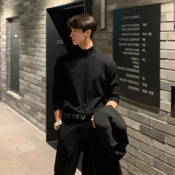 Autunno/inverno mezzo polo maglione con collo alto stile coreano da uomo vestibilità ampia colore collo medio strato base in maglia manica superiore interna 2
