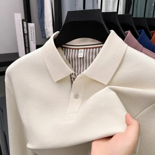 Men's casual long sleeved polo shirt autumn new loose solid color classic versatile lapel T-shirt 5