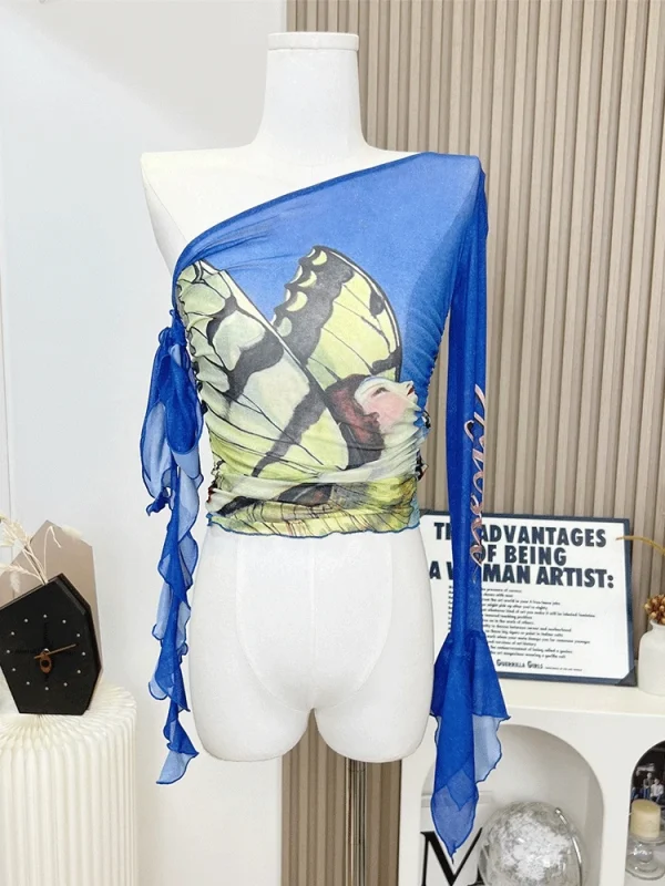 Tonngirls Sexy top in rete irregolare con spalle scoperte maglietta con stampa Skinny donna Y2k top Vintage Streetwear See Through Tee Tops 2000s 6