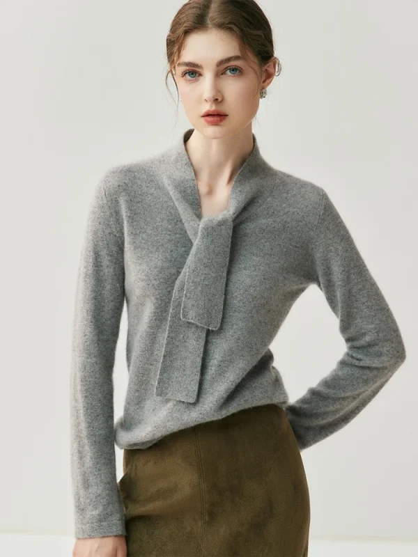 CHICUU Maglione pullover con colletto con lacci da donna 100% maglia di cashmere Office Lady Maglieria basic in cashmere a maniche lunghe Autunno Inverno 2