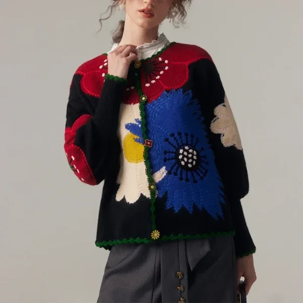 Cardigan moda donna di alta qualità con ricamo floreale vintage lavorato a maglia Tendenze moda autunno/inverno Nuovo in maglione chic 2