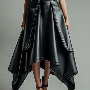 Gonna in pelle PU da donna a vita alta pieghettata a-line orlo irregolare casual nero solido elegante casual streetwear gonne grunge 2025 1
