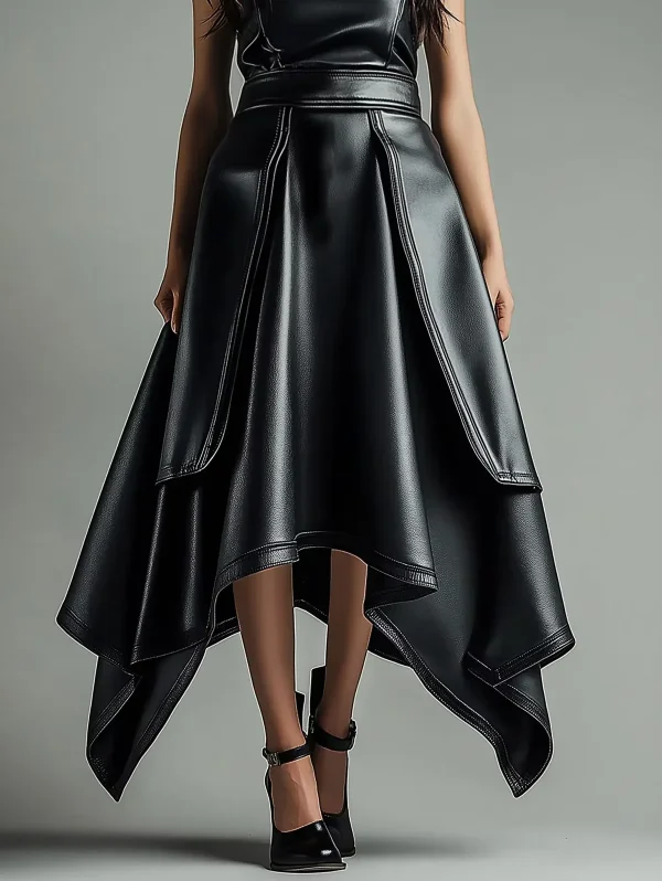 Gonna in pelle PU da donna a vita alta pieghettata a-line orlo irregolare casual nero solido elegante casual streetwear gonne grunge 2025 1