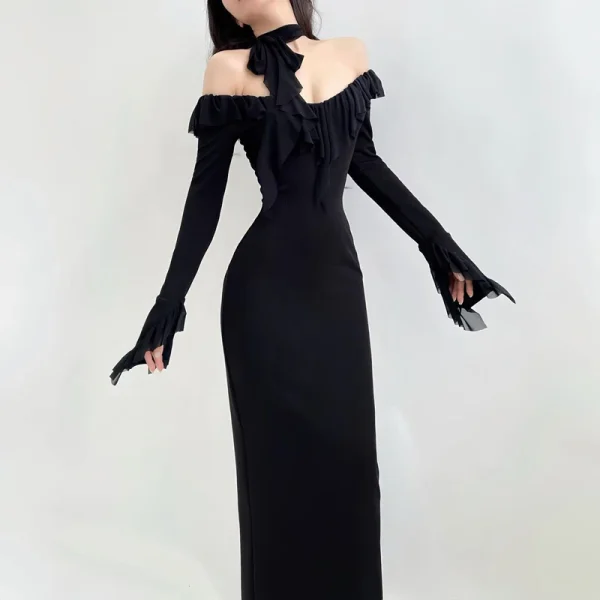 Xeemilo Elegante abito da sera con volant in rete Temperamento Colletto tondo Slim Manica lunga Maxi abiti Donna Elegante Party Club Robe 4