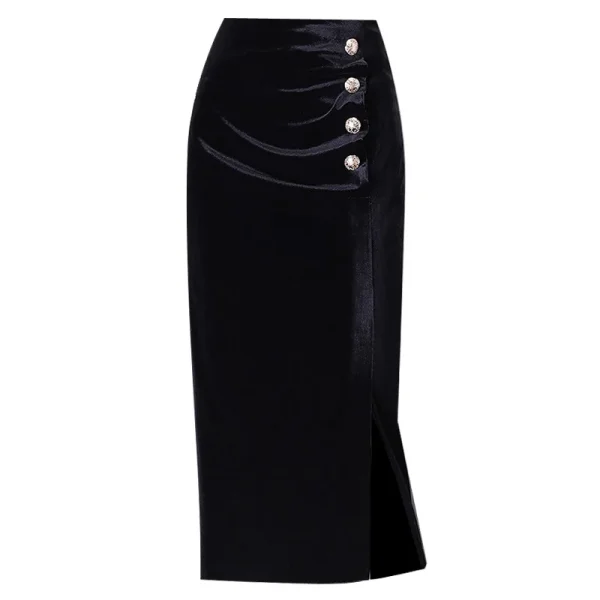 Gonna avvolgente di media lunghezza in velluto dorato per donna con spacco laterale Elegante tessuto in poliestere stile pendolare d'affari aderente 5