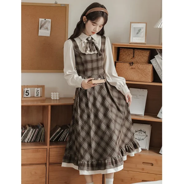 Abito scozzese stile francese Donna Primavera Autunno Falso in due pezzi con fiocco Abiti lunghi Abiti eleganti da festa vintage 4