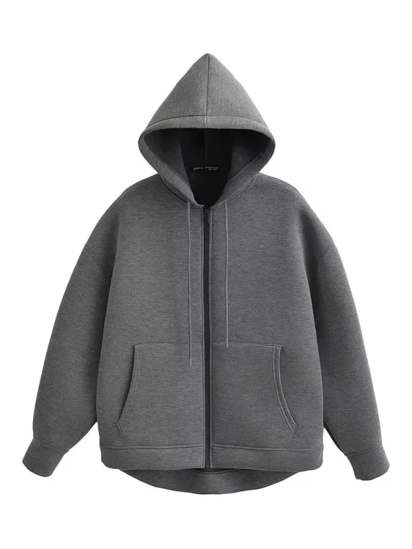 HH Autunno Donna Giacca grigia con cappuccio Manica lunga Tasca grande Giacca con cerniera Cappotto Donna Allentato Capispalla casual Cappotto Top 2