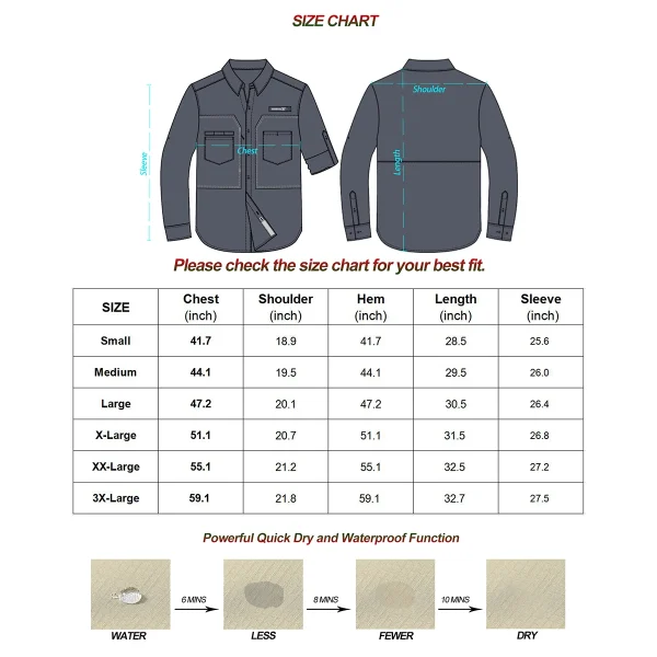 Camicie da pesca a maniche lunghe UPF 50+ da uomo Protezione solare Camicia da lavoro da escursionismo traspirante Camicia casual abbottonata con tasca con cerniera 6