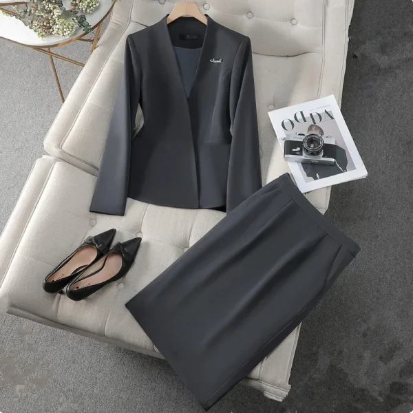 NAVIU Slim Women Suits Fashion 2024 New manica lunga con scollo a V Blazer e gonna a petto nascosto Office Ladies Solid Work Wear Sets 5