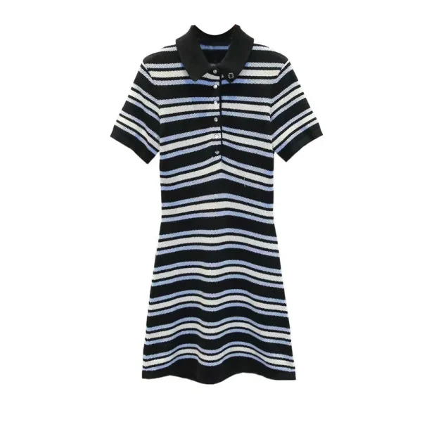 Abito in maglia con risvolto a righe con stile elegante 2025 Estate Nuovo abito da compleanno per abbigliamento da donna elegante di fascia alta per le donne 1