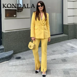 KONDALA 2025 Autunno Inverno Burro Giallo Office Lady Abiti Moda Doppio Petto Coprispalle Couverture Colletto Blazer Chic Pantaloni solidi 1