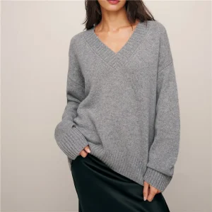 100% maglione di pura lana autunno/inverno nuovo casual tinta unita lavorato a maglia top con scollo a v camicetta con base pullover sciolto da donna 1