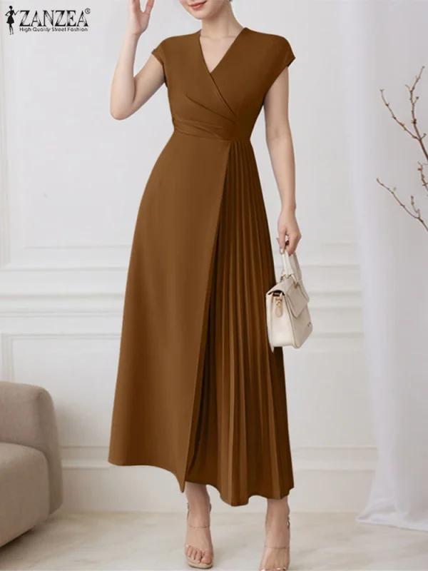 ZANZEA Ufficio Abiti da donna 2025 Elegante scollo a V senza maniche Abito da festa Solido Pieghettato Vestito estivo Elegante Vita Maxi Abiti lunghi 4