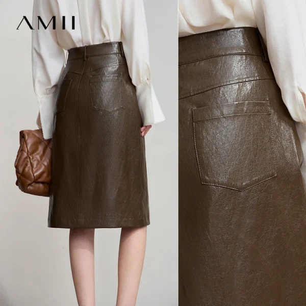 AMII Minimalista PU Gonna in pelle per le donne 2025 Americano Retro Gonna al ginocchio Solid Nozioni di base Abbigliamento donna d'affari 12553014 6