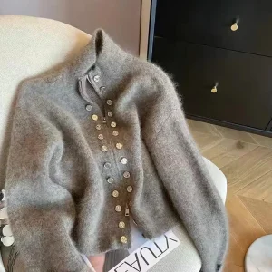 Maglione cardigan grigio da donna Harajuku coreano Y2k maniche lunghe O-Collo maglioni di cashmere maglione vintage anni 2000 vestiti autunno 2024 1
