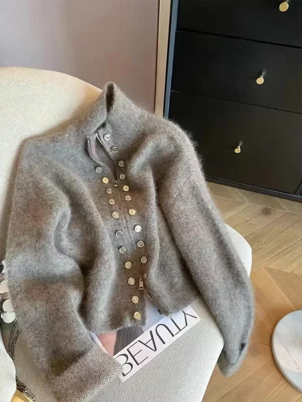 Maglione cardigan grigio da donna Harajuku coreano Y2k maniche lunghe O-Collo maglioni di cashmere maglione vintage anni 2000 vestiti autunno 2024 1