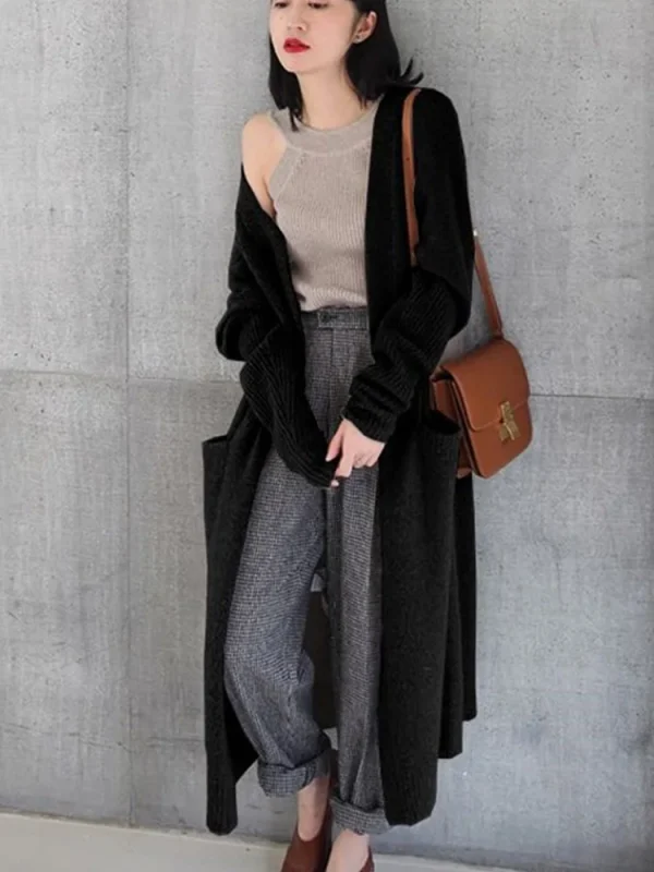 Maglione cardigan lungo lavorato a maglia addensato di nuova moda donna autunno inverno maglione a maniche lunghe cappotto capispalla allentato casual 6