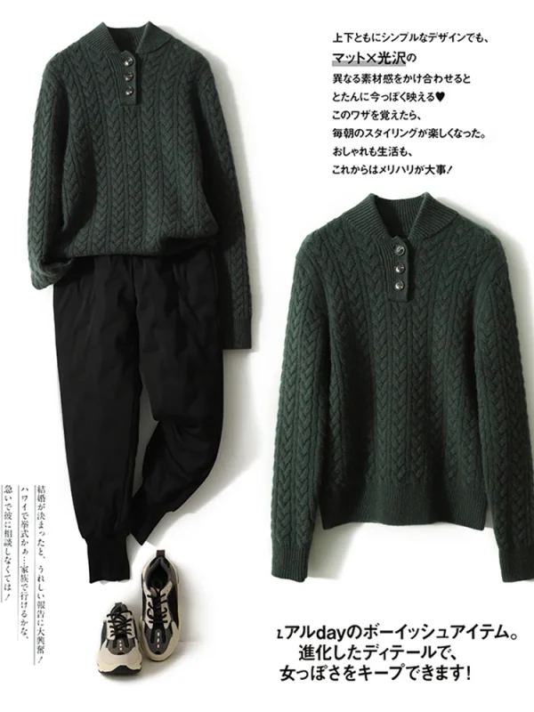 Pullover lavorato a maglia Top maglione, colletto rialzato, risvolto semiaperto, trama intrecciata, puro Cashmere, Baseball, elegante 4