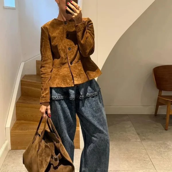 KONDALA Streetwear Pelle scamosciata Donna Giacche O Collo Bottoni Manica lunga Giacche corte Moda 2025 Autunno Inverno Capispalla casual 4