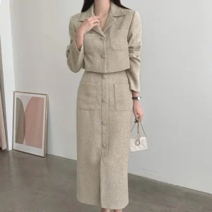 Insozkdg corea Chic Vintage elegante donna vestito giacca gonna monopetto cappotto corto vita alta lungo Hip Tweed gonna divisa Set 1