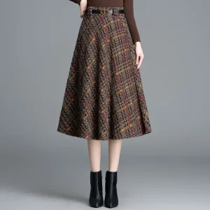 Mezza gonna scozzese in pelliccia di lontra a vita alta stile autunno inverno Midi dimagrante gonna a trapezio alla moda gonna longuette in fibra di poliestere 1