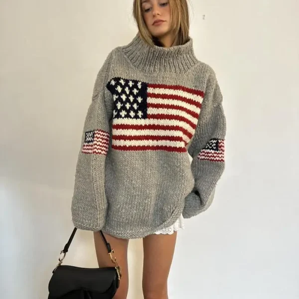 Maglione lavorato a maglia con stampa bandiera senso design europeo e americano autunno e inverno maglione pullover girocollo allentato casual 1