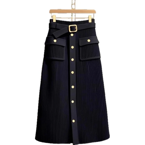 Unico ed elegante nero a vita alta a-line mini abito lavorato a maglia gonna lunga alla moda elegante autunno inverno sensazione di fascia alta 4