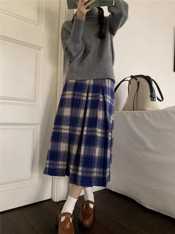 Korobov giappone Preppy Plaid gonne per donna autunno inverno Vintage lana Plaid gonna lunga a pieghe gonna ombrello di lana a-line 1