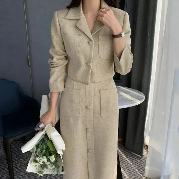 Insozkdg corea Chic Vintage elegante donna vestito giacca gonna monopetto cappotto corto vita alta lungo Hip Tweed gonna divisa Set 5