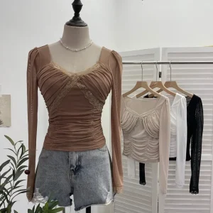 T-shirt a maniche lunghe in rete impiombata con pizzo rivelatore del seno imbottito sexy da donna T-shirt corta slim fit Y2K Top Partyclub Leisure 2673 1