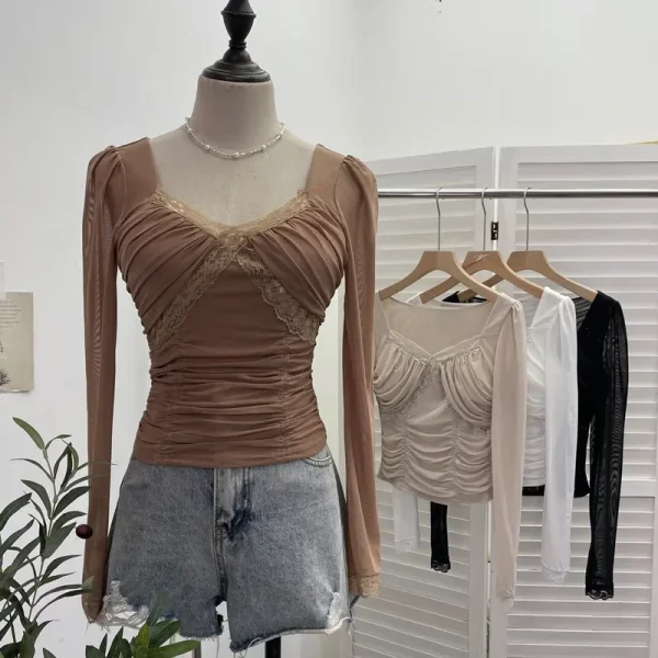 T-shirt a maniche lunghe in rete impiombata con pizzo rivelatore del seno imbottito sexy da donna T-shirt corta slim fit Y2K Top Partyclub Leisure 2673 1
