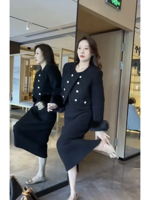 Abito in tweed Abito elegante da socialite Set da due pezzi per donna Donna Office Lady 2025 Inverno Nuovo piumino Gonna sottile Vendita calda 2