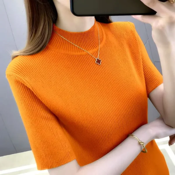 Elegante moda Harajuku Slim Fit abbigliamento femminile Casual tutto abbinato t-shirt solido dolcevita stile sottile maglioni manica corta 3