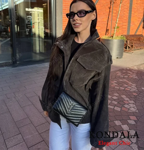 KONDALA Autunno Donna Elegante Giacca in pelle scamosciata Colletto rialzato Giacca ampia con cerniera grigia 2025 Giacca da donna streetwear autunno inverno 2