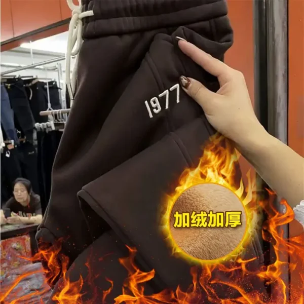 Pantaloni casual da donna con fodera in pile con coulisse, pantaloni sportivi stile harem ricamati 3
