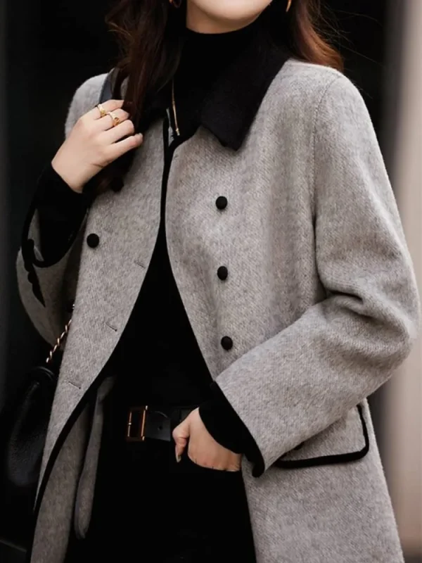 Onecozyday Cappotto doppiopetto grigio da donna Colletto dentellato Maniche lunghe Capispalla larghi 2025 Autunno Nuovi cappotti di tweed 4