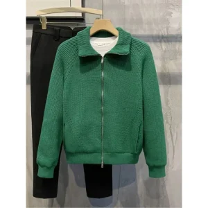 Abbigliamento da uomo Cardigan con colletto con cerniera maglione lavorato a maglia maschile tinta unita verde con zip coreano 2025 autunno elegante caldo vecchio 1
