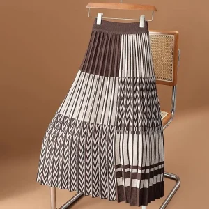 Moda vintage autunno inverno nuove donne plaid contrasto colore elastico a vita alta semplicità sottile gonna a trapezio di media lunghezza lavorata a maglia 1