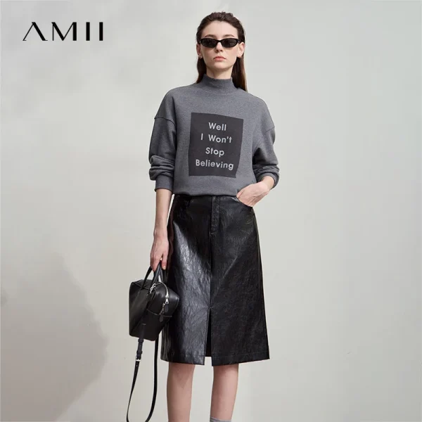 AMII Minimalista PU Gonna in pelle per le donne 2025 Americano Retro Gonna al ginocchio Solid Nozioni di base Abbigliamento donna d'affari 12553014 3