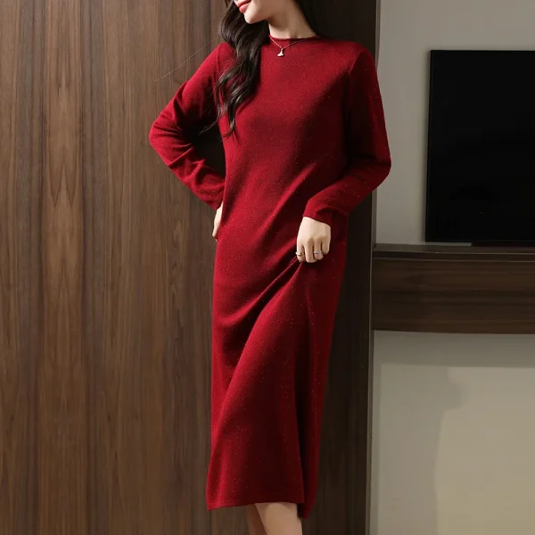 Autunno e inverno nuovo girocollo lungo caldo gonna dritta abito maglione con gonna in maglia di lana tinta unita da donna 3