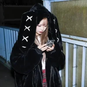 2025 Abbigliamento invernale Giacche da donna Harajuku Orecchie di coniglio Punk Cappotti neri Cerniera pelosa addensata Oversize Y2k Top Ropa Mujer 1