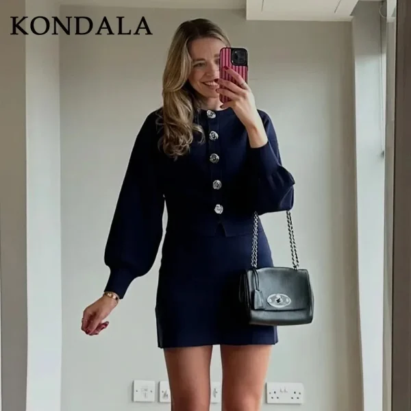 KONDALA 2025 Autunno Inverno Casual lavorato a maglia solido vestito da donna moda streetwear monopetto ONeck camicia chic gonna elastica in vita 4