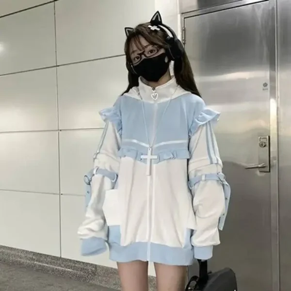 Cappotto di peluche giapponese Y2k con volant impiombato Orecchie di gatto Giacca con cappuccio Kawaii Ragazza Secchio Decor Felpa Harajuku Capispalla donna carina 5